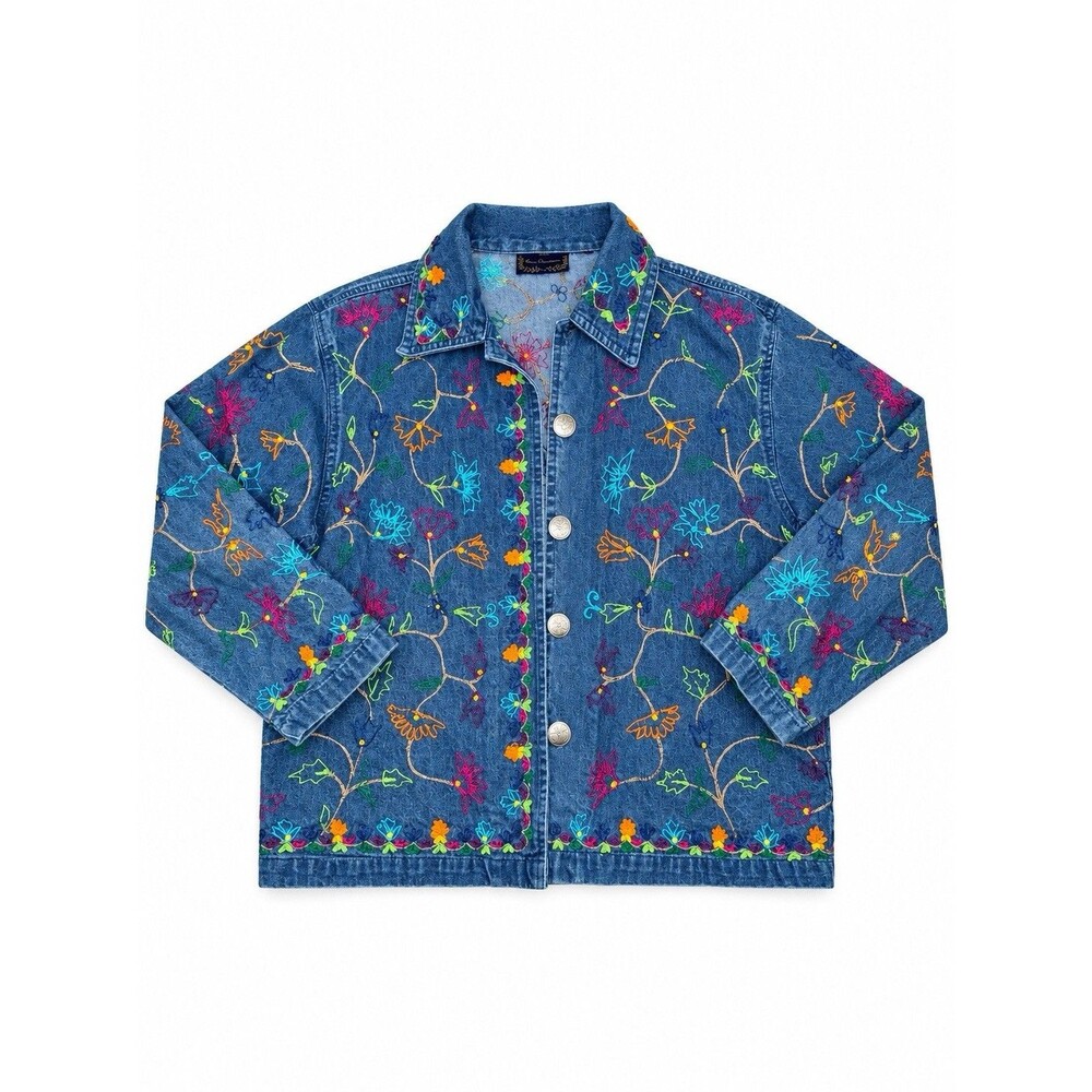 New Direction Floral Embroidered Blue Denim Jacket Boho Cottagecore Vintage S/M